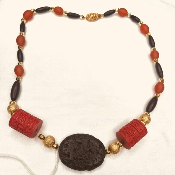 Vintage Lava & Tibetan Style Necklace – Mixed Materials, 48 cm - Picture 2 of 10